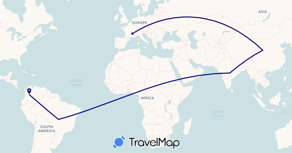 TravelMap itinerary: driving in Brazil, China, Colombia, France, India (Asia, Europe, South America)